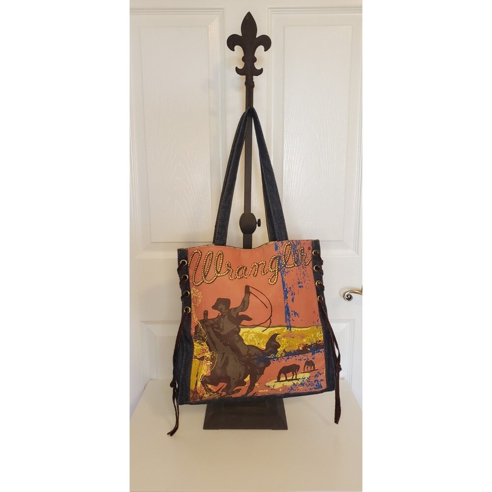 Wrangler Western Cowboy Print Denim Tote Bag with Suede Lacing